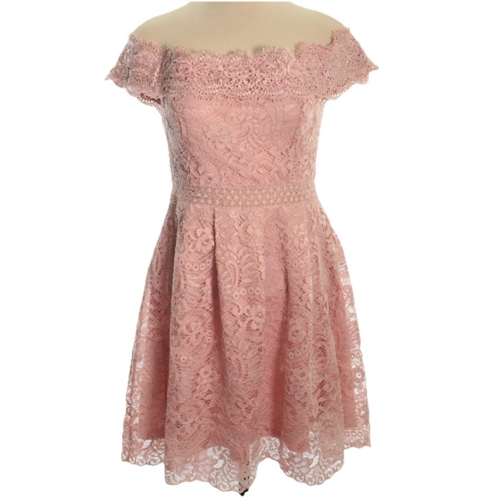 Francesca's Off Shoulder Lace Pink Dress Fit & Flare‎ Prom Wedding Feminine Soft